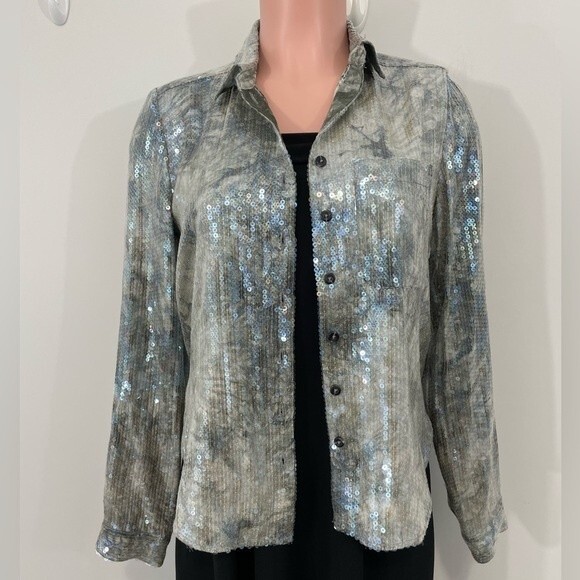 NWT Anthropologie Pilcro Sequin Embellished Tie Dye Button Down Shirt Blouse XS - Picture 15 of 16